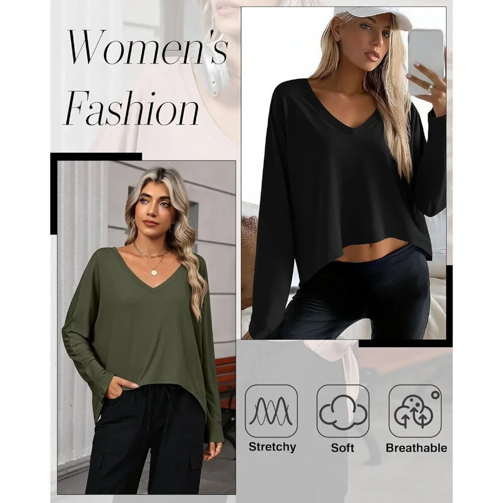 Women's Cropped Long Sleeve Top Set V Neck Irregular Hem Casual Fall